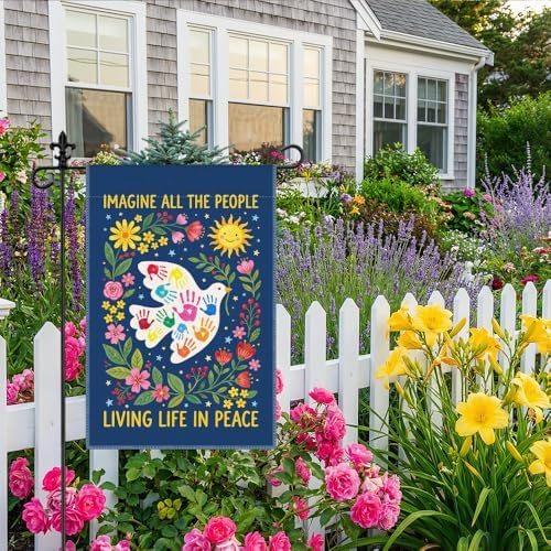 Imagine All The People Living Life In Peace Garden Flag, 12 x 18 Inch Double Sided Dove Peace Floral Decor, Inspirational Unity Kindness Outdoor Banner Gifts for Neighbor Friend Family