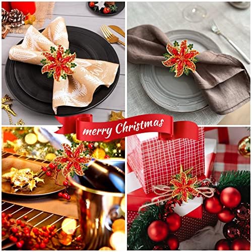 Legigo Set of 8 Christmas Flower Napkin Rings Set for Dinning Table Setting- Red Rhinestone Xmas Winter Napkin Ring Holders for Cloth Napkins, Christmas Holiday Party Dinner Table Decoration