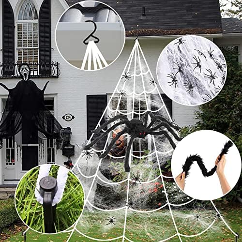 Spider Web Halloween Decorations Outdoor Lights, 125 Purple LED Light Up 16.4Ft Giant Spiderweb & 60" Large Spider & 22 Small Spiders & 20g Stretch Cobweb, 8 Modes Lighted Decor for Yard Outside