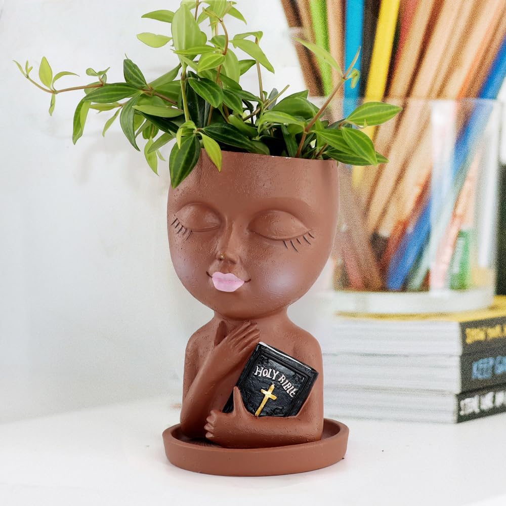 Face Planters Pots Head for Indoor Outdoor Plant Unique Head Planter Holding Book Confessional Girl Face Flower Pot
