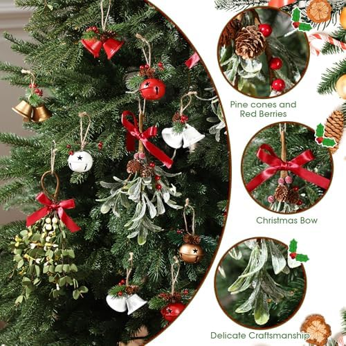 HyDren 24 Pcs Large Christmas Mistletoe Decor with Christmas Bells Ornament