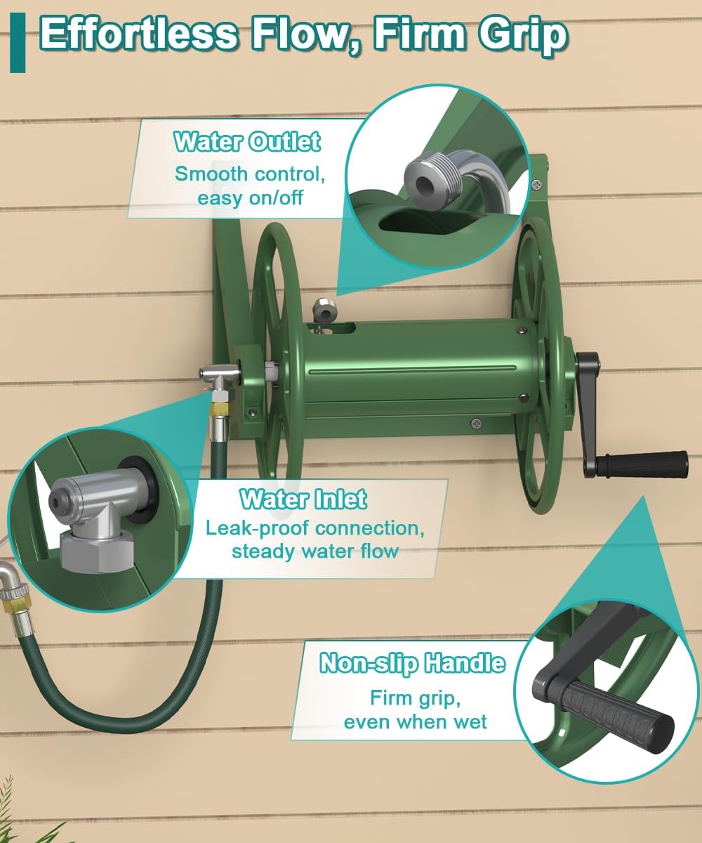 Garden Hose Reel Wall Mounted, Outdoor Heavy Duty Powder Coated Metal Water Hoses Holder Winder Holds 125 ft 5/8" Hoses