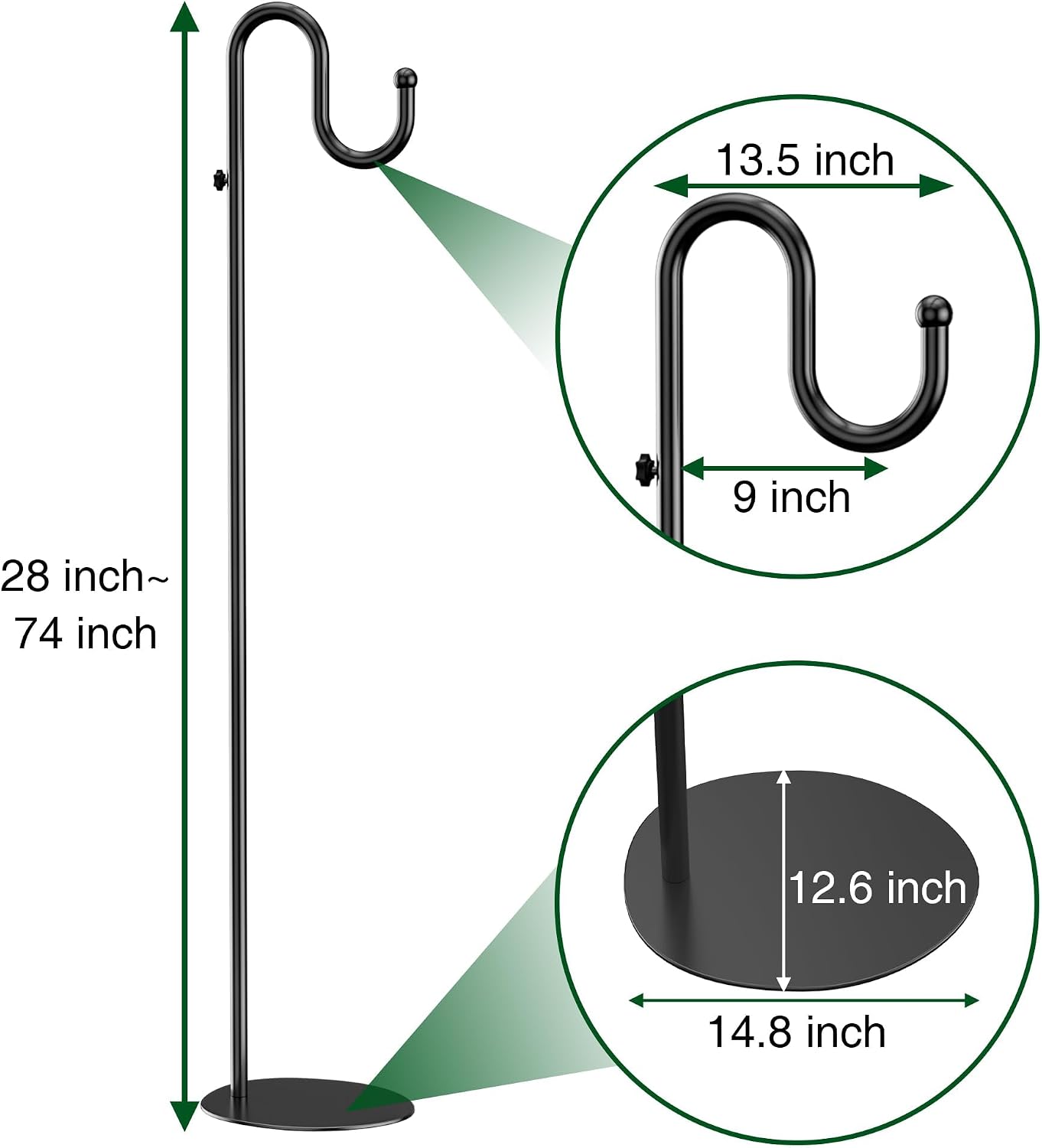 74" Shepherds Hook Stand: Hanging Bird Feeders, Plants, and Wind Chimes | Heavy Duty, Adjustable, Free Standing Pole
