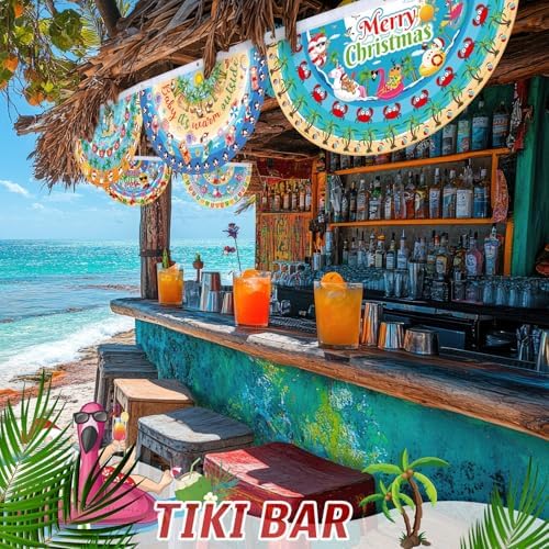 6 Pcs Summer Christmas Bunting Fan Flag July Summer Bunting Flag Hawaii Santa Flamingo Palm Tree Garden Half Fan Banner Decoration for Hawaii Beach Pool Outdoor Yard Decor, 1. 5 x 3 ft