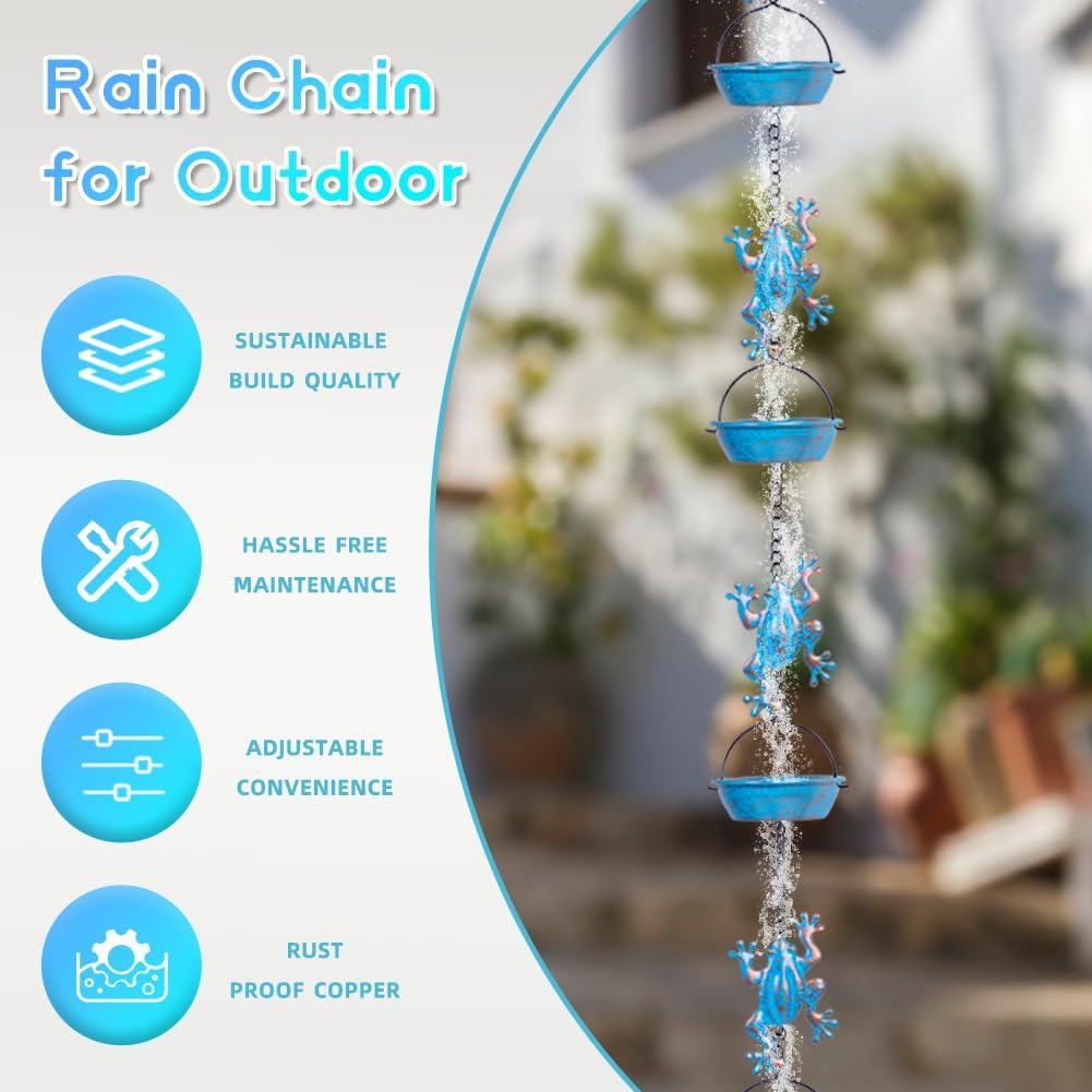 11.4FT Frog Rain Chains for Outside Gutters, Eaves, Drainage | 12 Cups, Metal Rain Chain, Adjustable Length, Functional