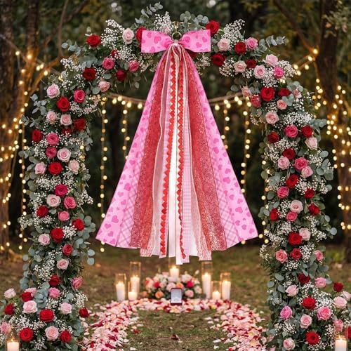 Valentine's Day Wreath Sash for Door, Large Bow Decoration with Metal Clip, 9 Ribbon Swag for Wreath, Front Entry, Fireplace, Fence - Pink Red Love Heart Bow Valentine Decor