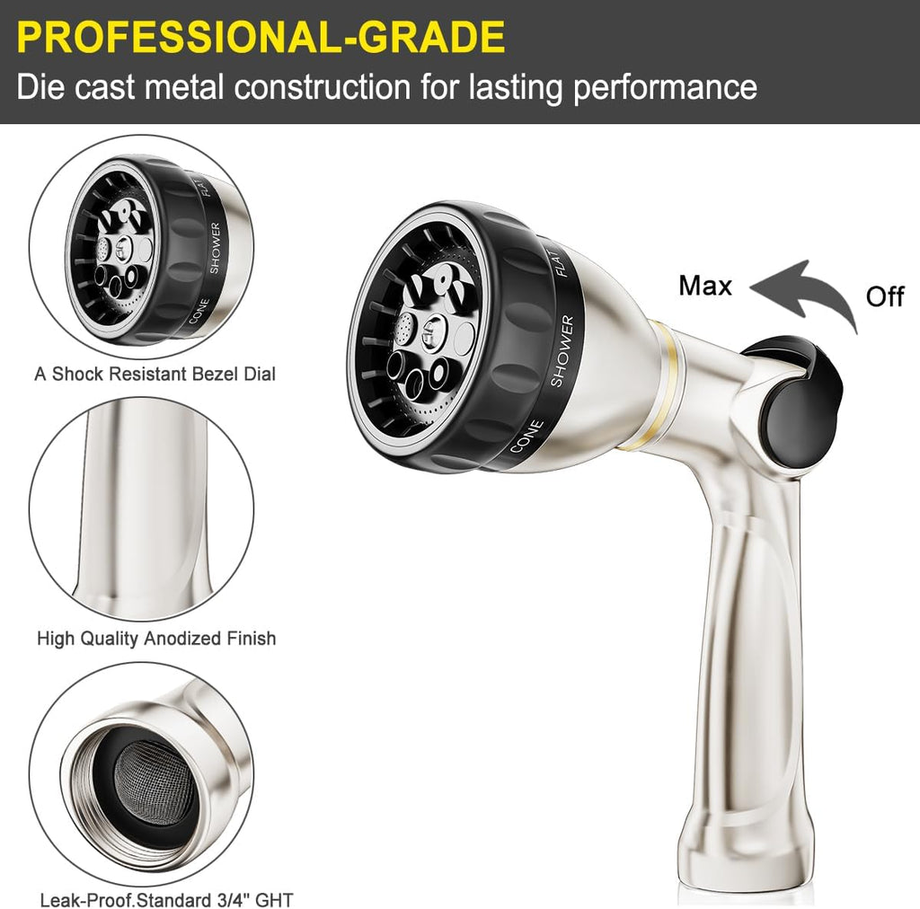 FANHAO Metal Thumb Control Garden Hose Nozzle Heavy Duty, 8 Spray Patterns | Rustproof Zinc Alloy Water Hose Sprayer