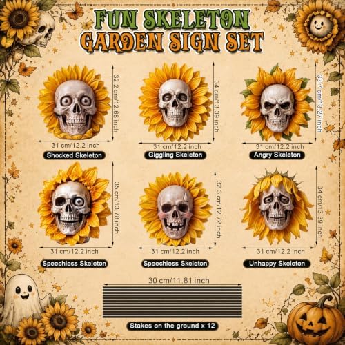 AceOrbit 6 Pcs Halloween Sunflower Skull Outdoor Decor Yard Sign with Stake