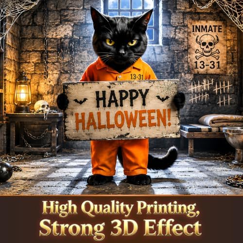 Halloween Garage Door Cover 16x7 FT, Black Cat Prison Halloween Garage Door Decoration, Large Double Garage Banner with Pumpkin Inmate Scene, Outdoor Halloween Decor for Home Yard Party