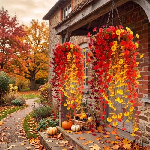 Pinkunn 2 Pack Artificial Fall Hanging Flower Basket for Outdoor Fall Decor