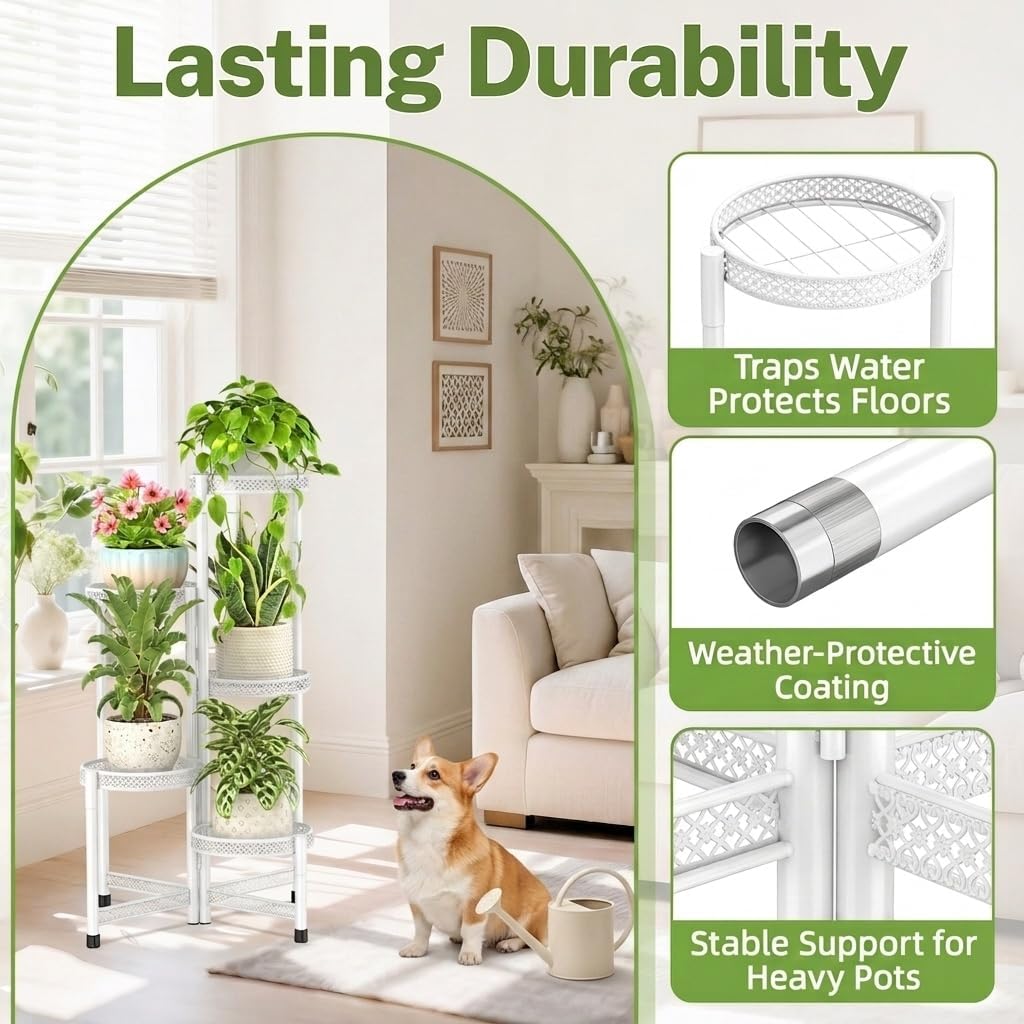iDavosic.ly Plant Stand Indoor Outdoor, 5 Tier Iron Corner Shelf, White | Tiered Tall Flower Display Holder, Folding
