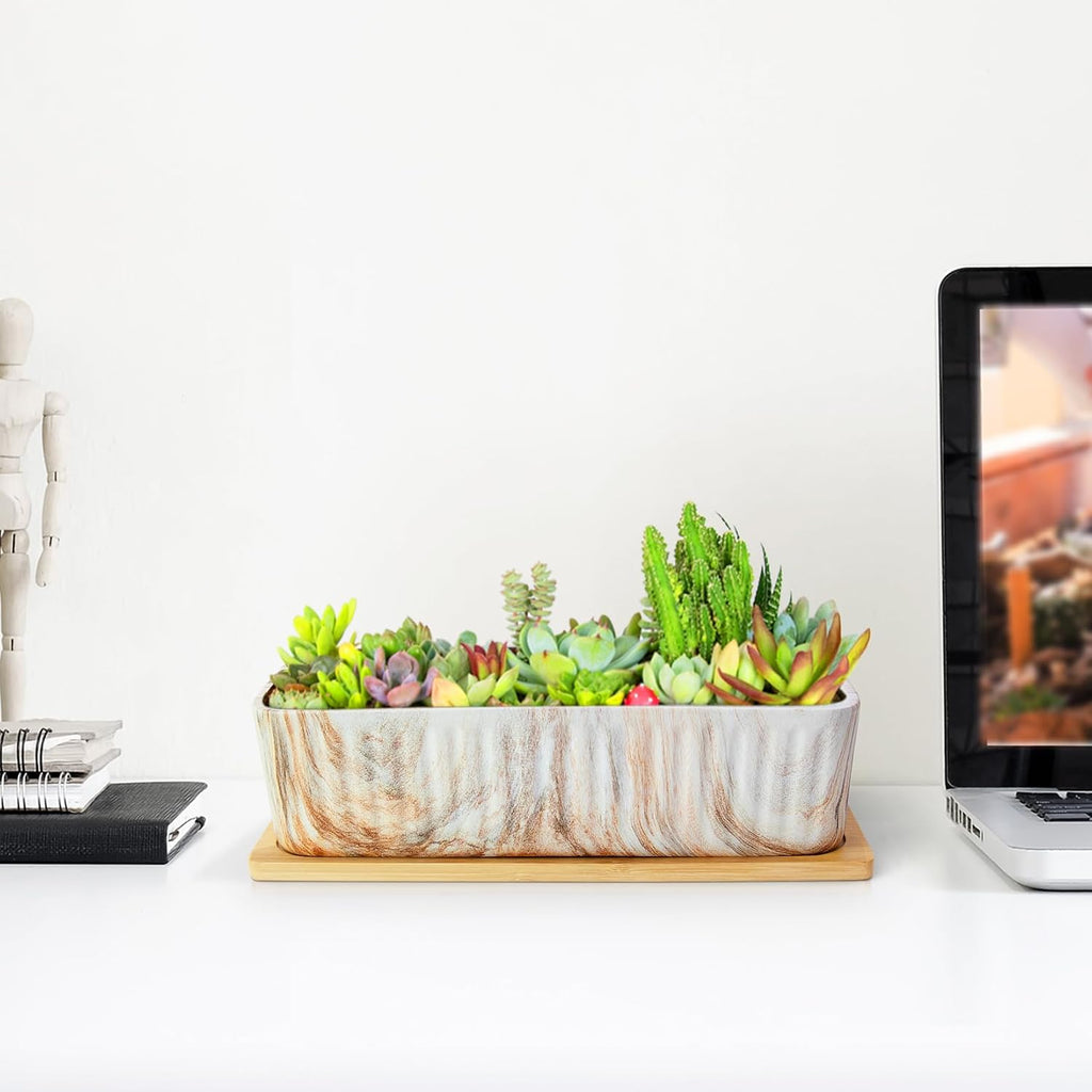 ARTKETTY 12'' Large Long Rectangular Planter, Ceramic Succulent Pots with Drainage Tray, Shallow Windowsill Succulent