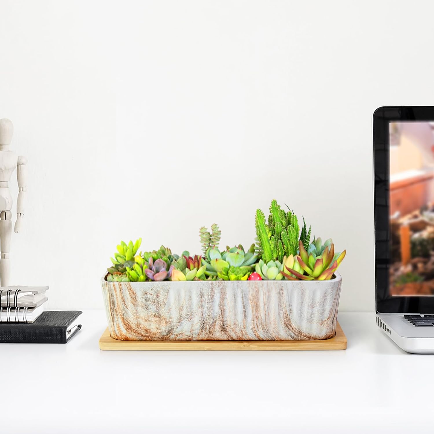 ARTKETTY 12'' Large Long Rectangular Planter, Ceramic Succulent Pots with Drainage Tray, Shallow Windowsill Succulent