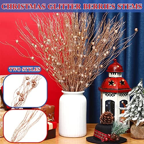 Giegxin 16 Pack 17 Inch Rose Gold Christmas Glitter Berries Stems