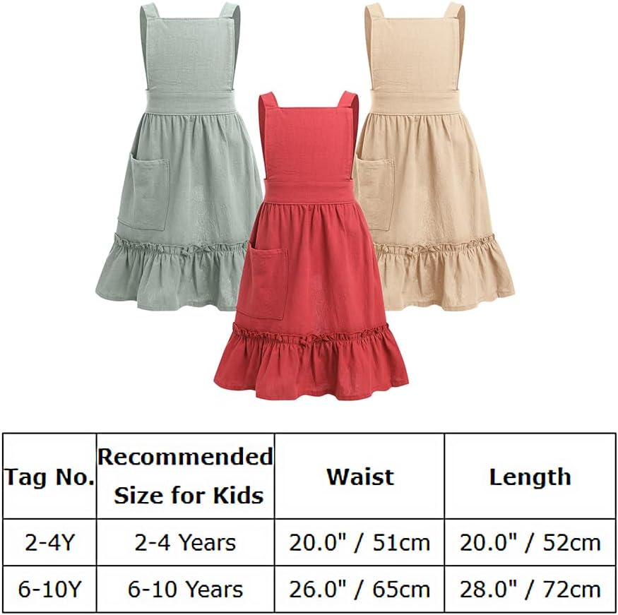Kids Aprons for Cooking Cotton Linen Children Baking Kitchen Gardening Painting Apron Pinafore Dress with Pockets