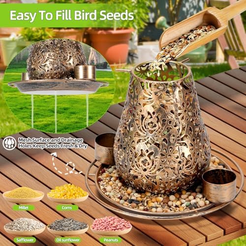 Mushroom Solar Bird Feeders for Outdoors Hanging Metal Wild Bird Feeder with S Hook for Garden Decoration Brown