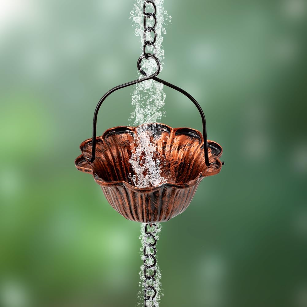 10ft Lotus Rain Chains for Outside Gutters, Eaves, Drainage | 12 Cups, Metal Rain Chain, Adjustable Length, Decorative