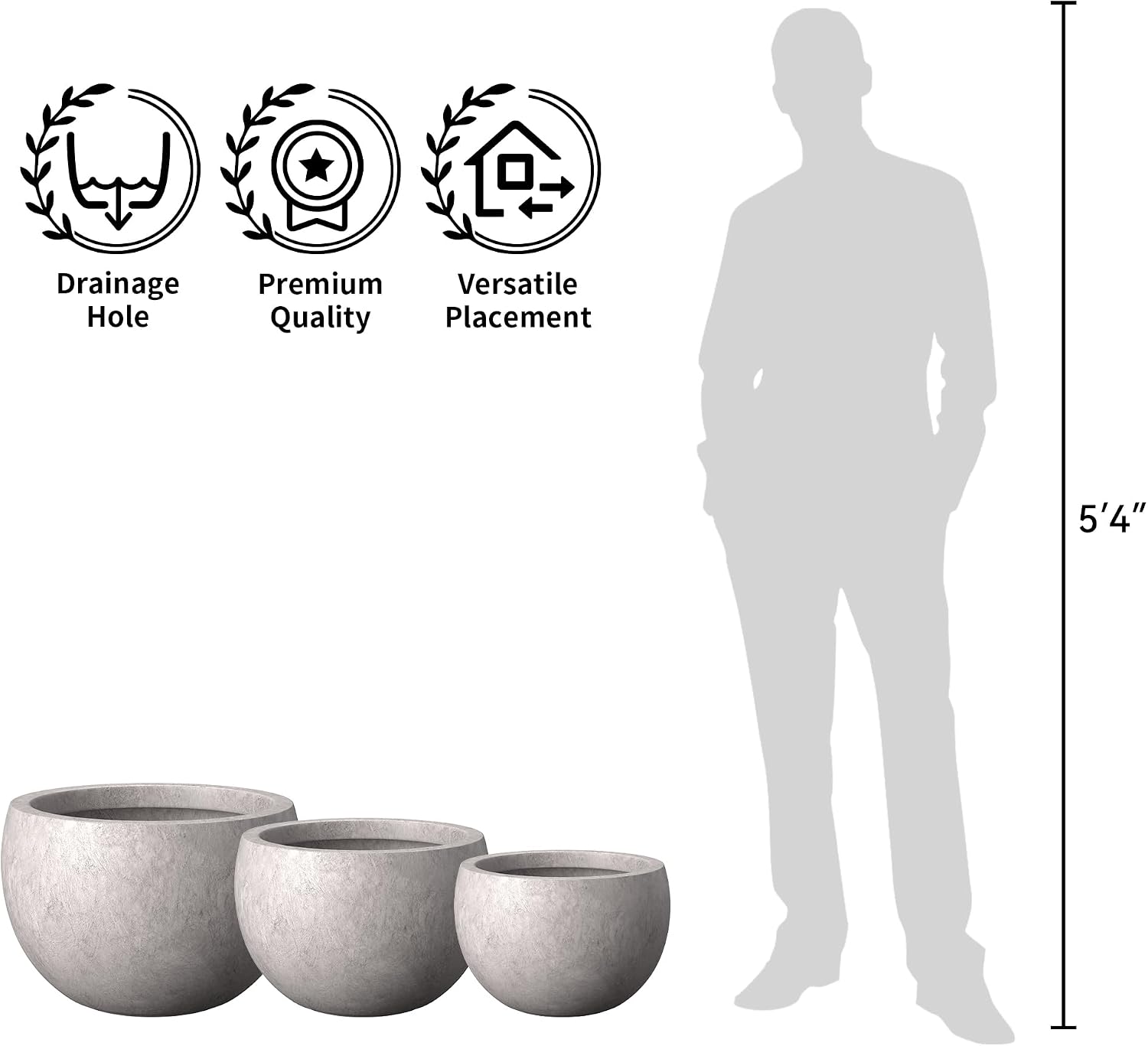Kante Set of 3 CON Gray Concrete Bowl Planters 19.9" 15.7" 11.8" Dia | Drainage for Outdoor, Rubber Plug for Indoor