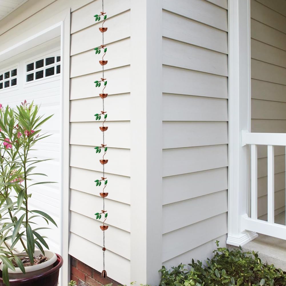 dreamysoul Rain Chains for Outside, Leaves and Bird Decorative Rain Catcher Chains for Downspout Gutter, Eaves Drainage