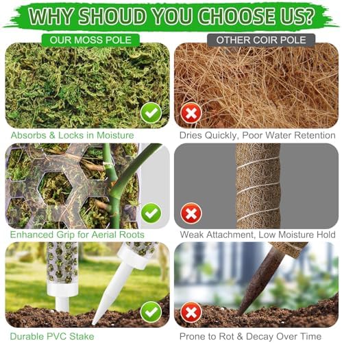 Fabulas 55 Inch Moss Pole Monstera Plant Support, 4 Pack 17 Inch Plant Support Stakes for Indoor Climbing Plants, Stackable Sphagnum Moss Pole Sticks for Garden Potted Planter, Pothos, Philodendron