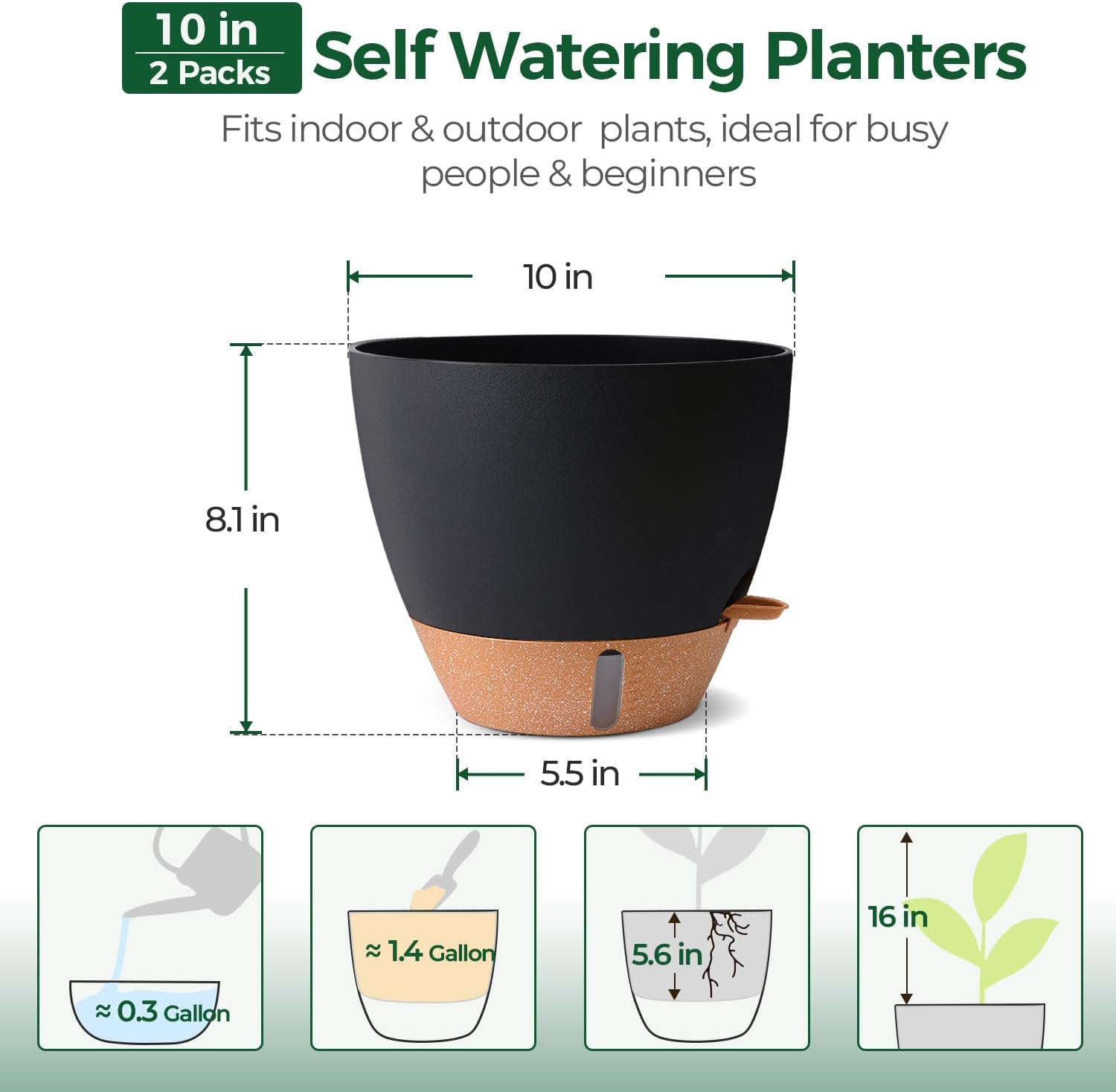 T4U Self Watering Pots for Indoor Plants, 10 Inch, 2 Pack, Black | Visible water level window, Monstera pothos and ZZ