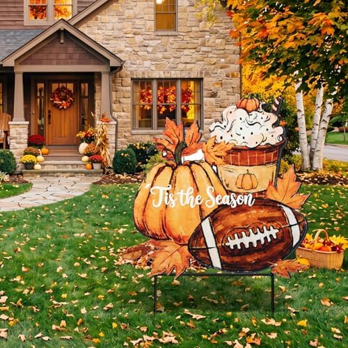 Weysat Fall Football Outdoor Decor Metal Yard Sign, Pumpkin Coffee Stakes