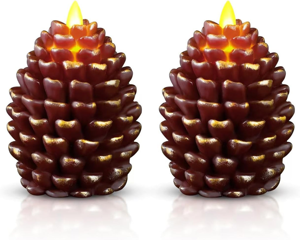 Christmas Pinecone Candles Flameless Thanksgiving Decor,Red-Brown