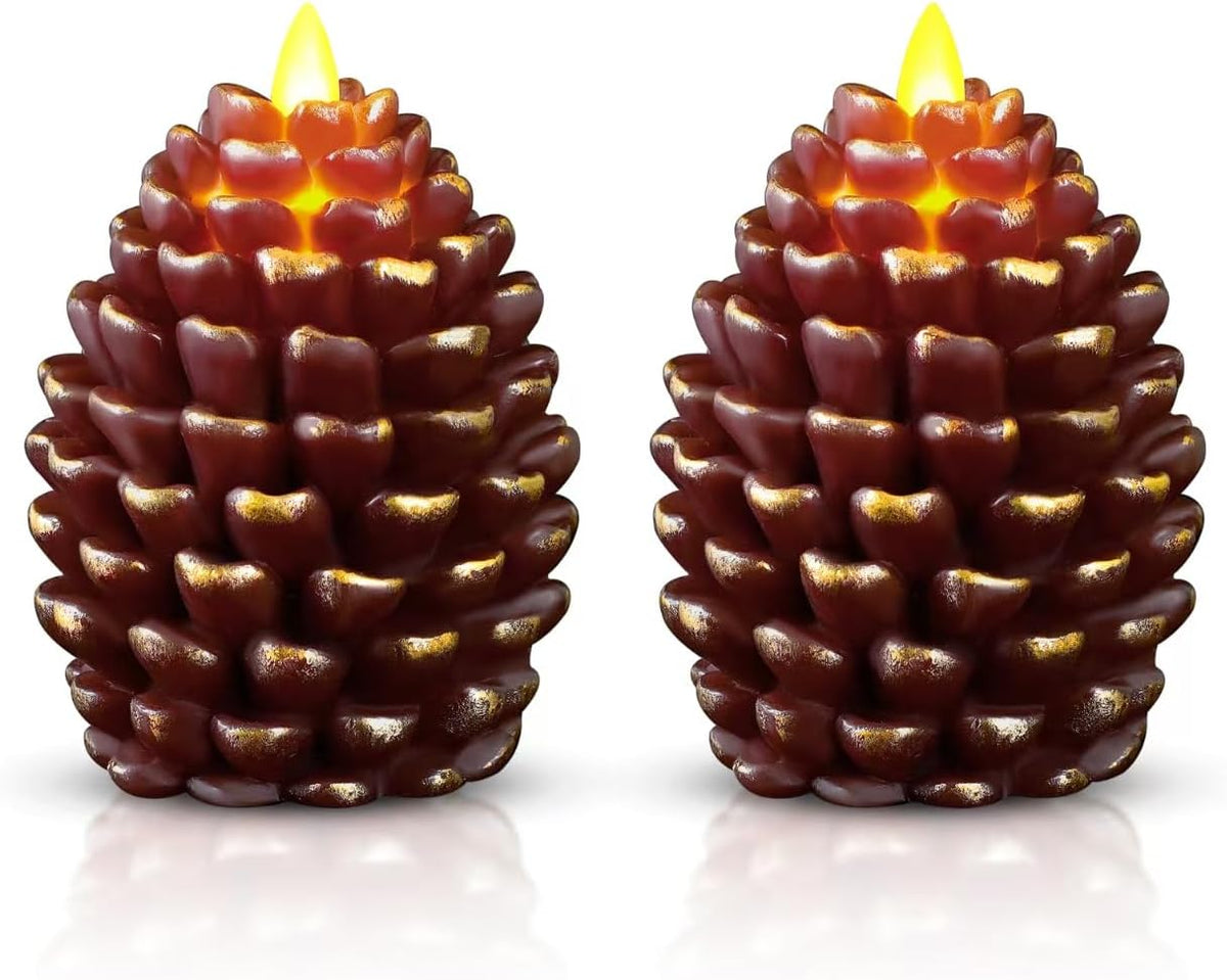Christmas Pinecone Candles Flameless Thanksgiving Decor,Red-Brown