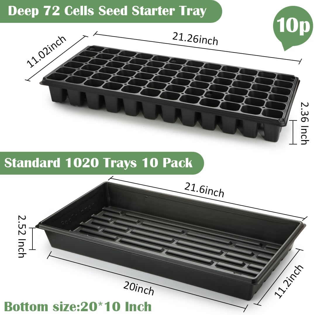 RooTrimmer 10 Pack 1020 Trays No Holes and 10 Pack 72 Cell Seed Starter Tray, 20" x 10" - Heavy Duty Reusable Plastic