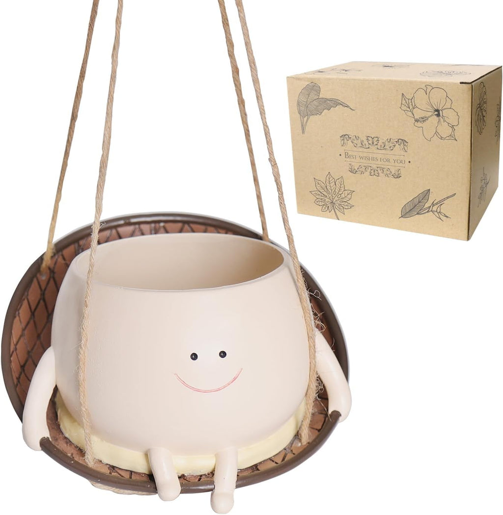 Hanging Swing Chair Planter Pot Smiley Face Planter for Indoor Outdoor Plant Cute Head Resin Flower Pots for String of