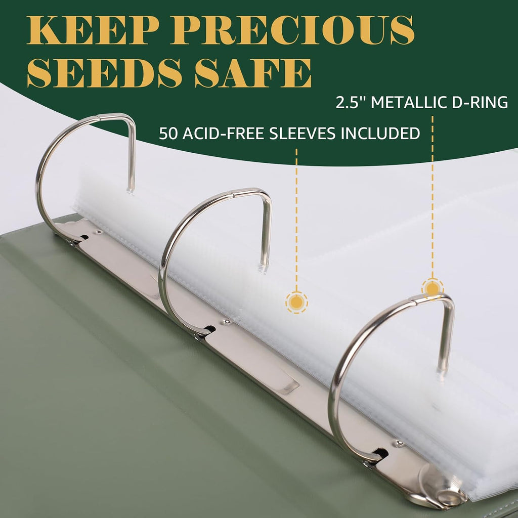 Seed Storage Organizer, Binder with 50 Pack Sleeves, Gift for Garden Lover | Large Capacity Stores 200 Seed Envelops