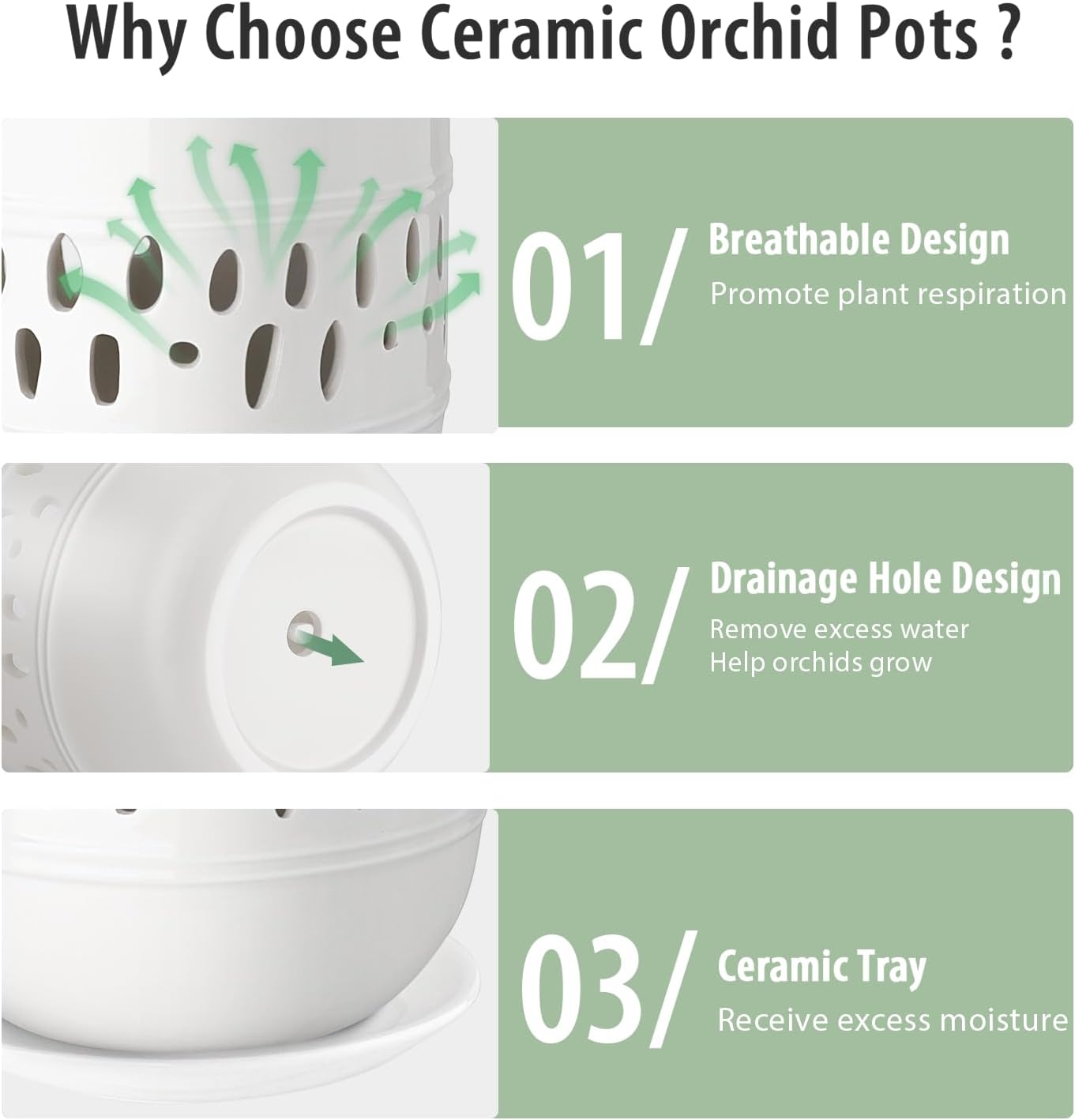 Orchid Pot with Holes, 5+6 Inch Ceramic Orchid Pots, Flower Pots with Drainage and Saucer, Promoting Air Circulation