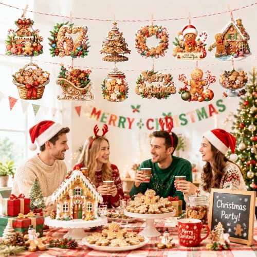 12Pcs Christmas Hanging Ornaments Gingerbread Man Wooden Hanging with House Wreath Car Holly Dessert Designs Cute Winter Tree Decorations for Christmas Holiday Party Supply