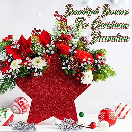 360 Pieces Artificial Holly Berries Christmas Winter Fake Berries Bunch Faux Cranberries Bunch on 60 Stems for Table Centerpiece(Silver)