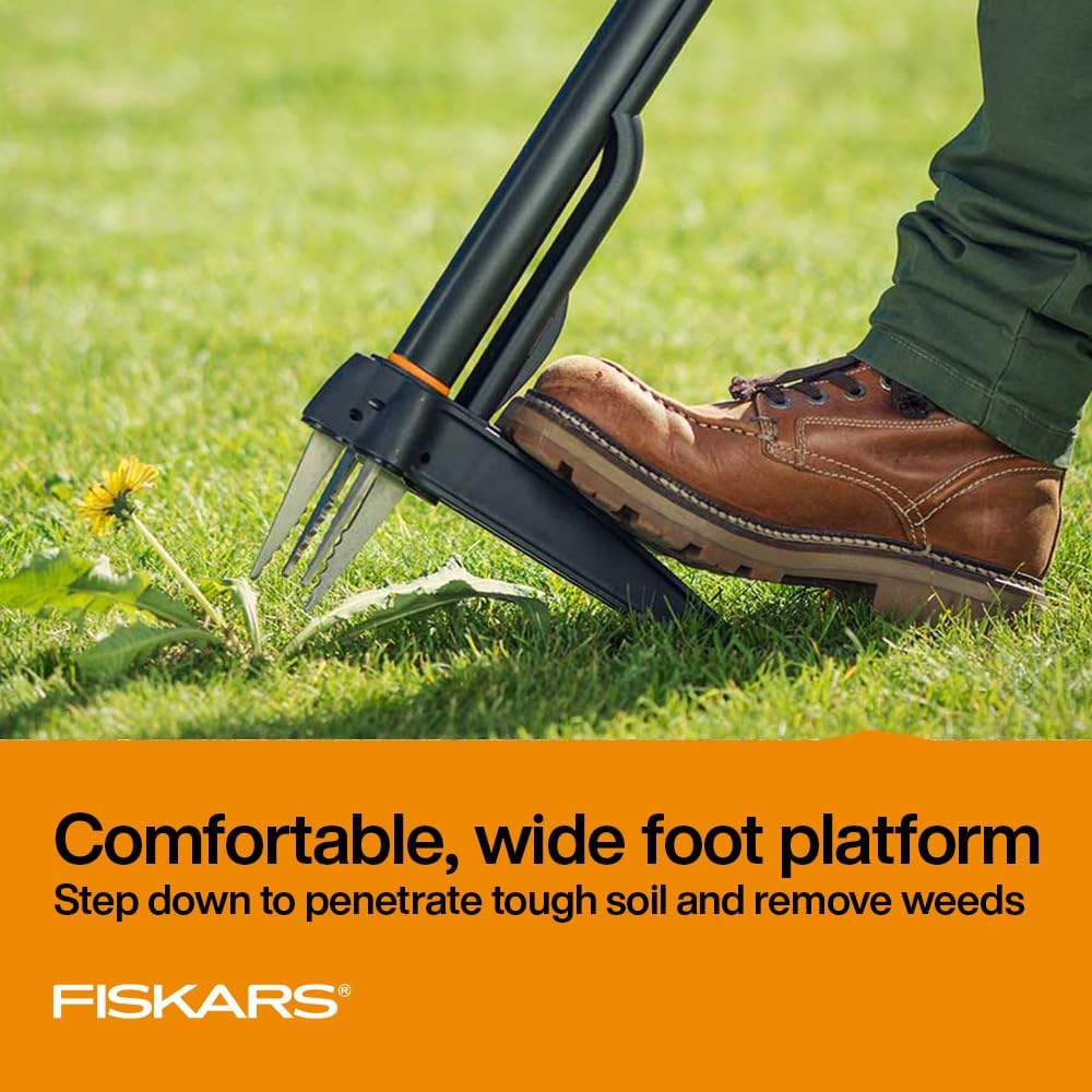 Fiskars Deluxe Stand-Up Weed Puller Tool, 4 Serrated Stainless Steel Claws | Claws Grip Dandelion Roots & More for