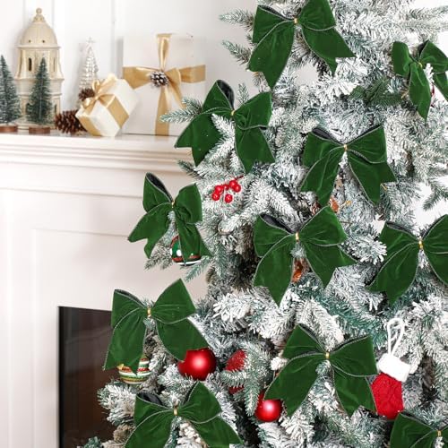 Janinka 12 Pcs 6 Inch Christmas Velvet Bows for Wreath Decoration, Green
