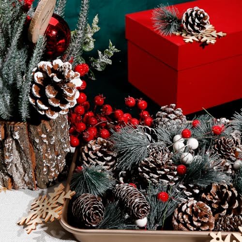 108 Pcs Christmas Ornaments Pine Cones Berry Pine Branch Set Xmas Decorations for Home, Pinecones for Crafts Vase Filler Wreath Christmas Table Decor