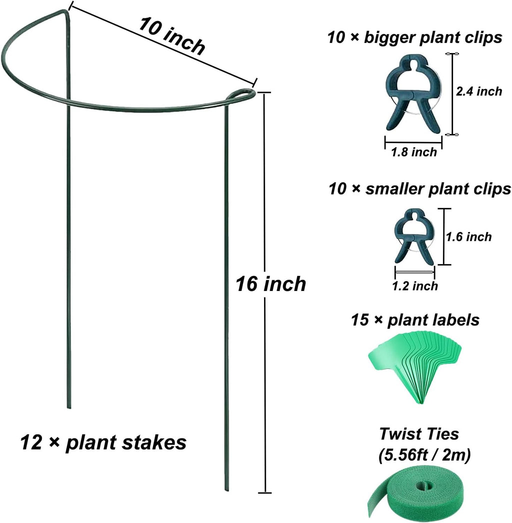 12 Pack Plant Support Stake, 16 Inch Peony Cages and Supports for Outdoor Plants, with 15 Pcs Plant Labels, 20 Pcs