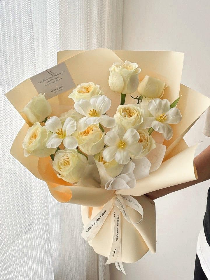 LeZakaa 20 Sheets Flower Wrapping Paper - Waterproof Reversible Floral Bouquet Paper - Cream Yellow Design for Valentine's Day, Mother's Day, Parties, Birthdays, Weddings, Baby Shower