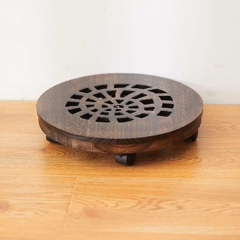 Wood Plant Caddy, Heavy Duty Rolling Planter Dolly With Rotating Casters, Movable Flower Pot Stand, Round Plant Rack
