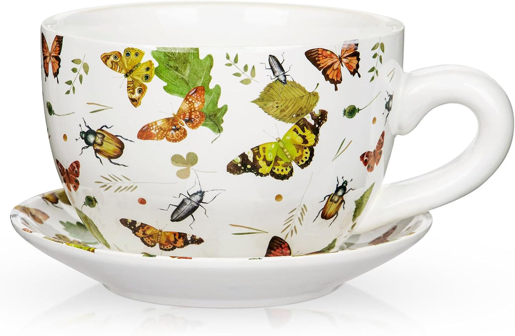 Ceramic Teacup Planter Pot with Saucer - 5.9 Inch Coffee Cup Shaped Plant Pot with Drainage Hole Butterfly Insect