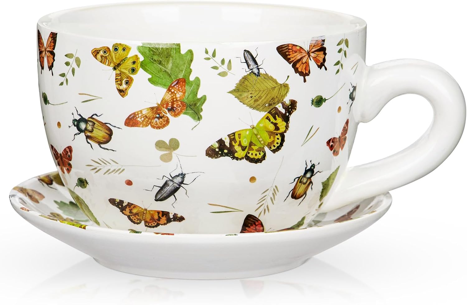 Ceramic Teacup Planter Pot with Saucer - 5.9 Inch Coffee Cup Shaped Plant Pot with Drainage Hole Butterfly Insect