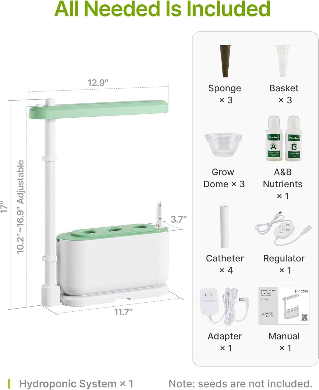 Hydroponics Growing System Kit with 3 Pods for Beginners | Full Spectrum Dimmable LED Grow Light, Adjustable Height