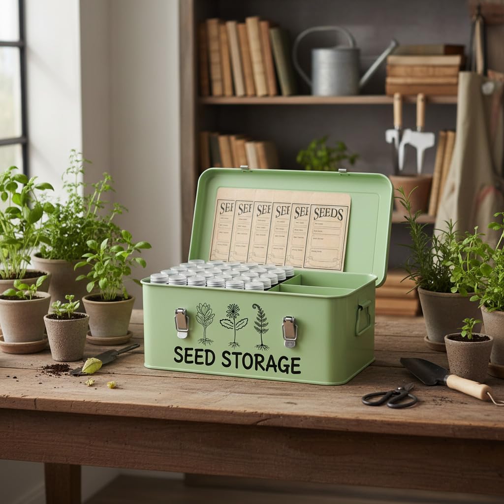 Metal Seed Storage Box Organizer with 3 Compartments, Safety Lock Lid Bin Seed Bottles Envelopes, Plant Labels