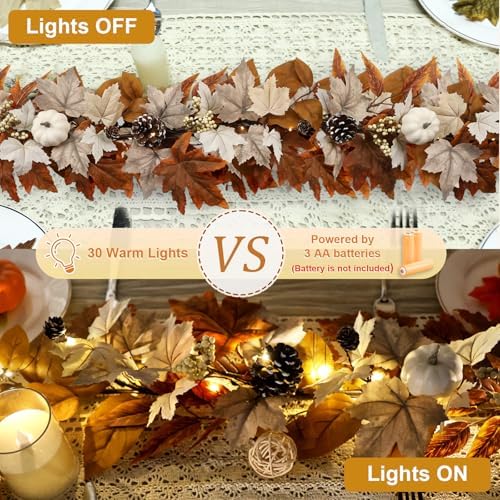 6 FT Lighted Fall Garland with Lights Pumpkins Automatic ON/Off