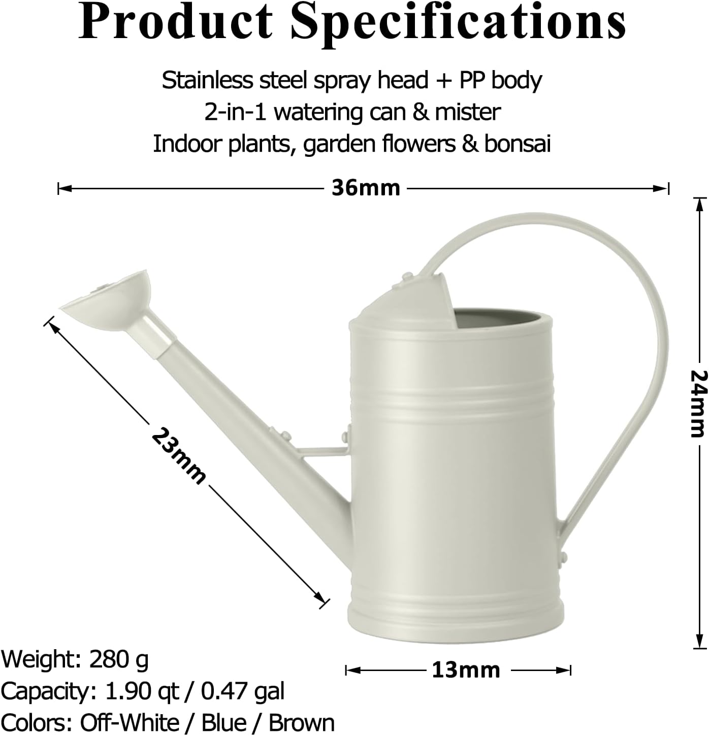1.8L Large-Capacity Watering Can for Gardening Resin (Off-White) | 1/2 Gallon, Stainless Steel Shower Head, Imitation