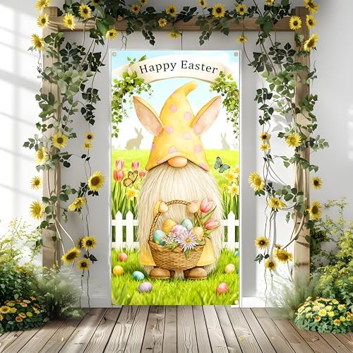 Easter Door Cover Banner with Gnome Design, Spring Front Door Decoration for Porch & Home, 35.4×70.8in with Rope