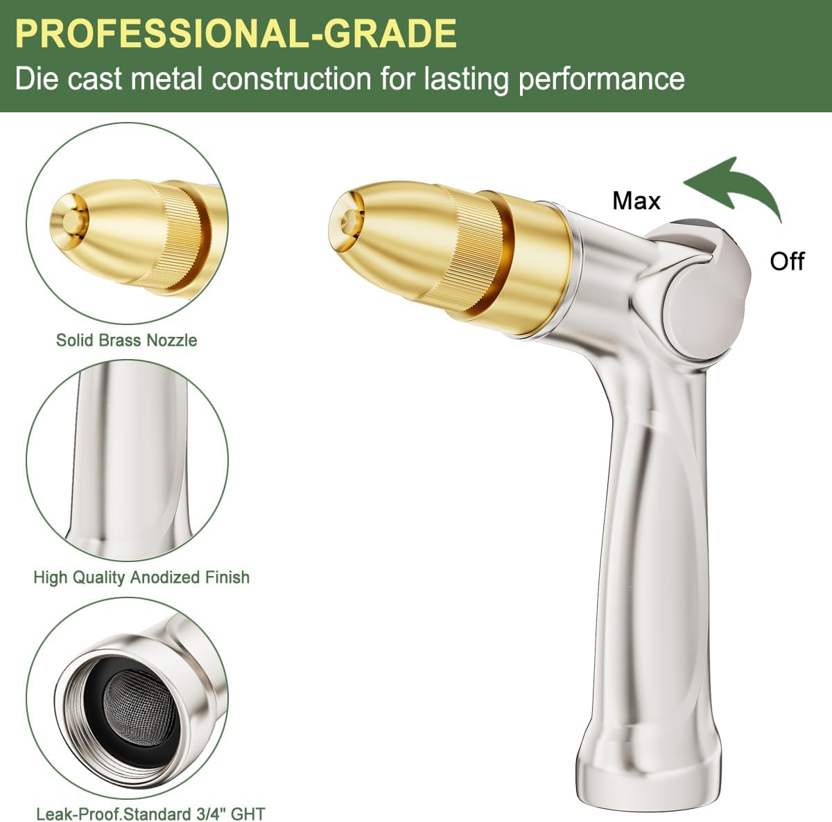FANHAO 100% Metal Thumb Control Adjustable Hose Nozzle, High Pressure | Zinc Alloy Rustproof Garden Hose Sprayer Heavy