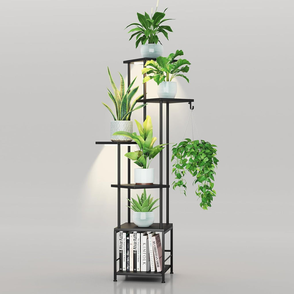 Plant Stand Indoor with Grow Light - 6-Tier Metal Plant Shelf with Hanging Basket Hook, Corner Tall Flower Holder for