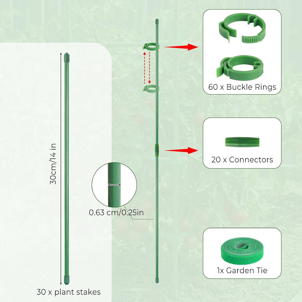 30 Pcs Plant Support Stakes Height Adjustable (17.7, Inches) | Garden Single Stem Plant Stake with 60 Pcs Plant Clips